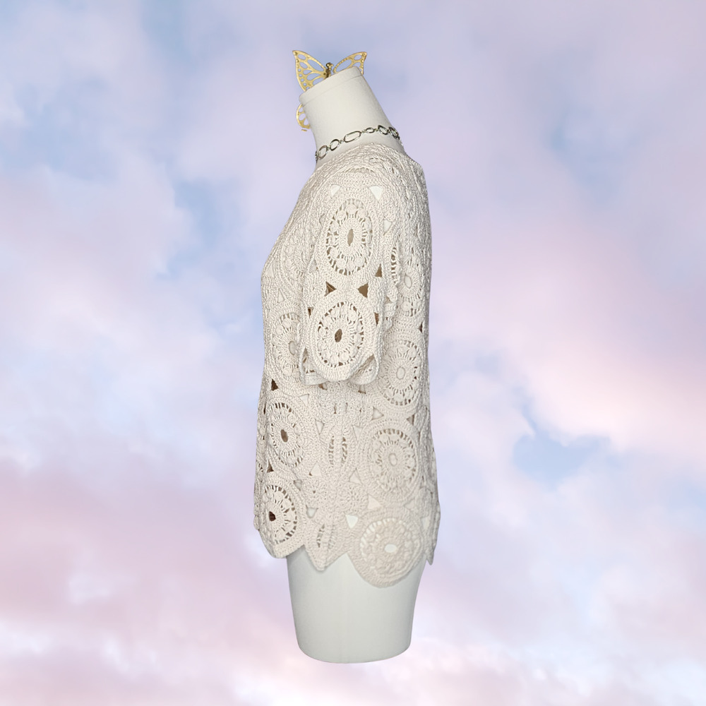 Vtg 90s Y2k Design History Crochet Knit Boho Hippie Cotton Simple Cream Top Sz M - Picture 2 of 5